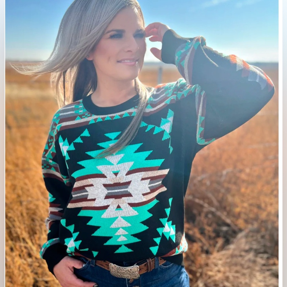 🖤🩵Sterling Kreek Western City Nights Knit Sweater Aztec Print 🖤🩵